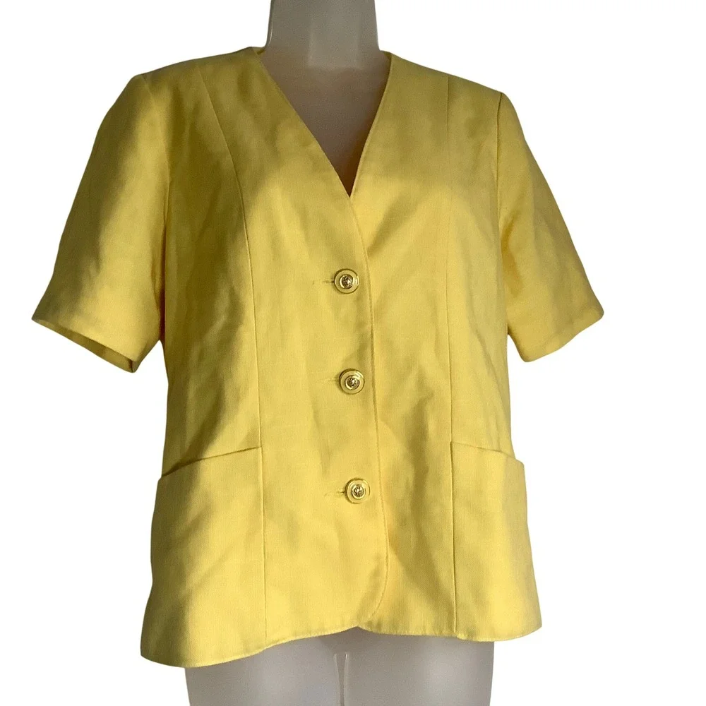 Yellow Short Sleeve Blazer Gold Crest Buttons V-Neck Pockets‎ Size 10